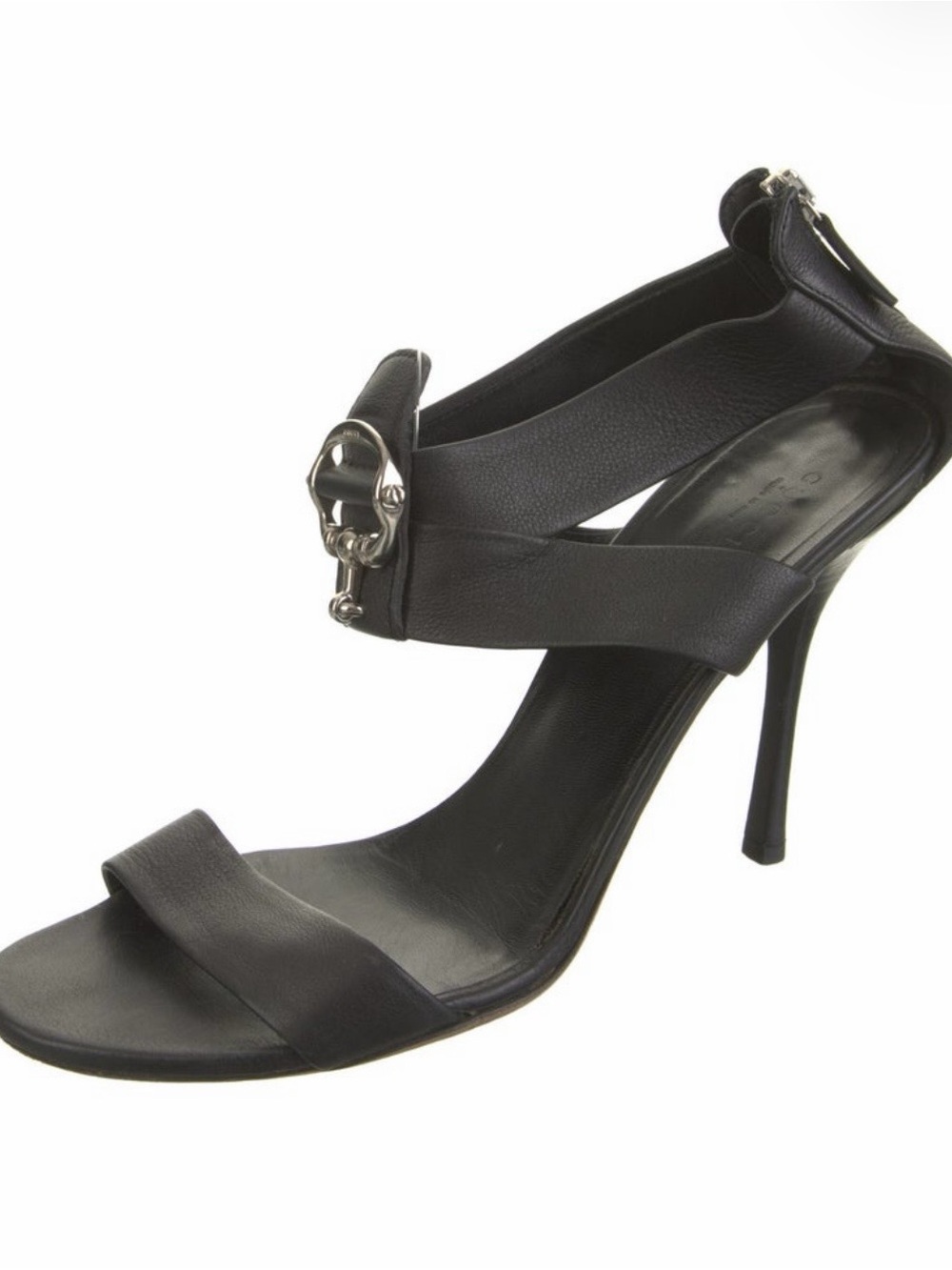 Black Women's  Gucci Leather High Heel Sandals with Silver Accent
